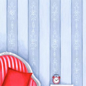 Œuvres originales – Fauteuil rose sur fond bleu
